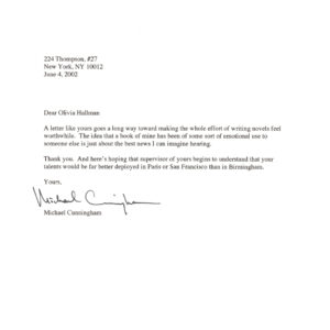 2002 Pulitzer Prize-Winning Novelist Michael Cunningham Typed Letter Signed