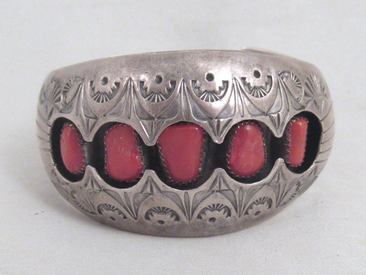 Pamela Benally Sterling Silver and Coral Navajo Cuff Bracelet