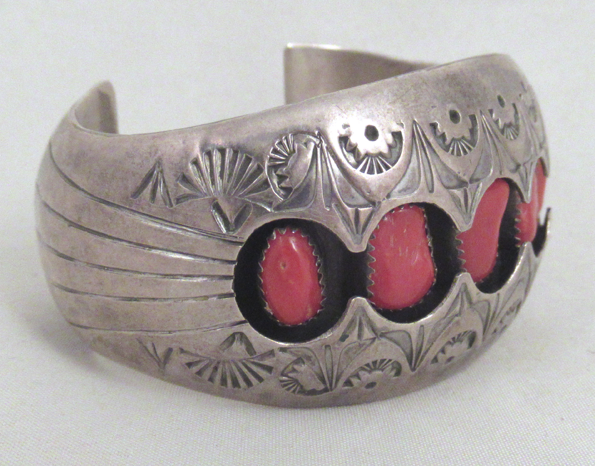Pamela Benally Sterling Silver and Coral Navajo Cuff Bracelet - Image 2