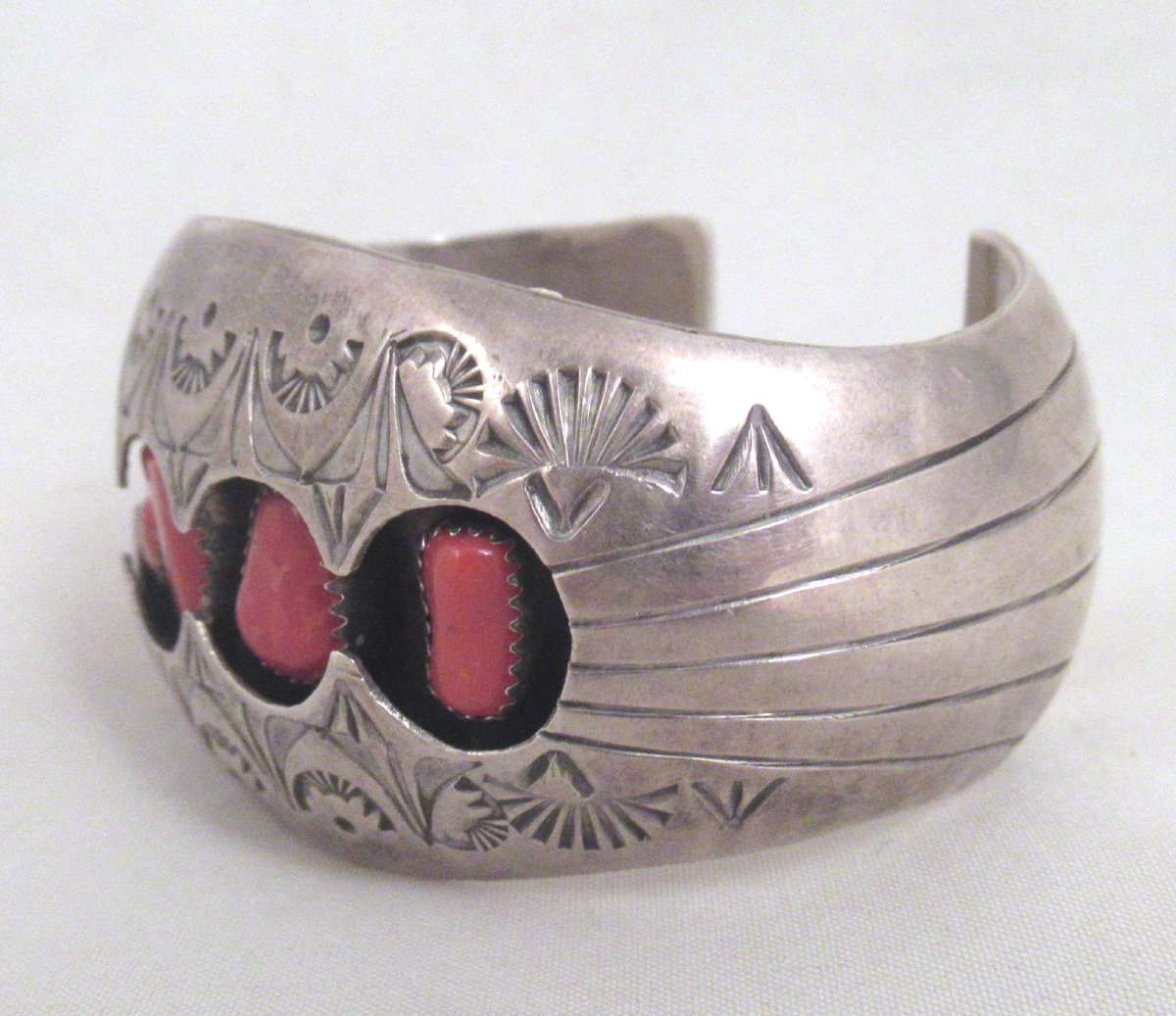 Pamela Benally Sterling Silver and Coral Navajo Cuff Bracelet - Image 3