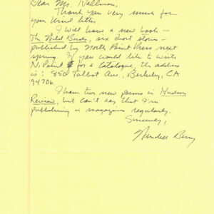 1985 Environmentalist and Poet Wendell Berry Mentions Publication of "The Wild Birds"