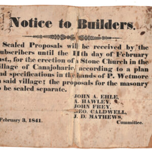 1841 Canajoharie, NY Broadside Requesting Builder's Proposals to Build Stone Church