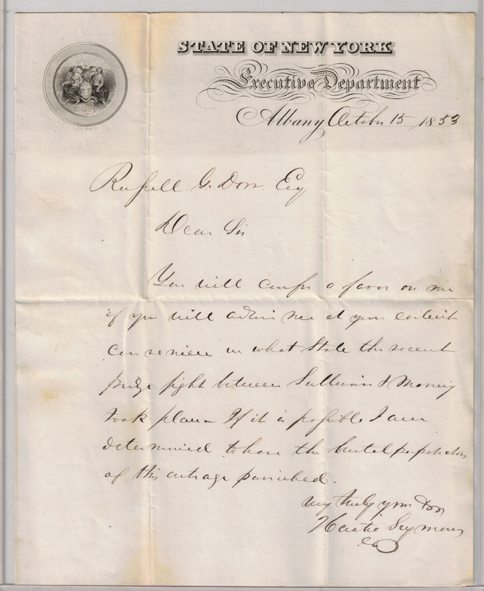 1853 NY Governor Horatio Seymour Writes about James Sullivan and John Morrisey Boxing Match