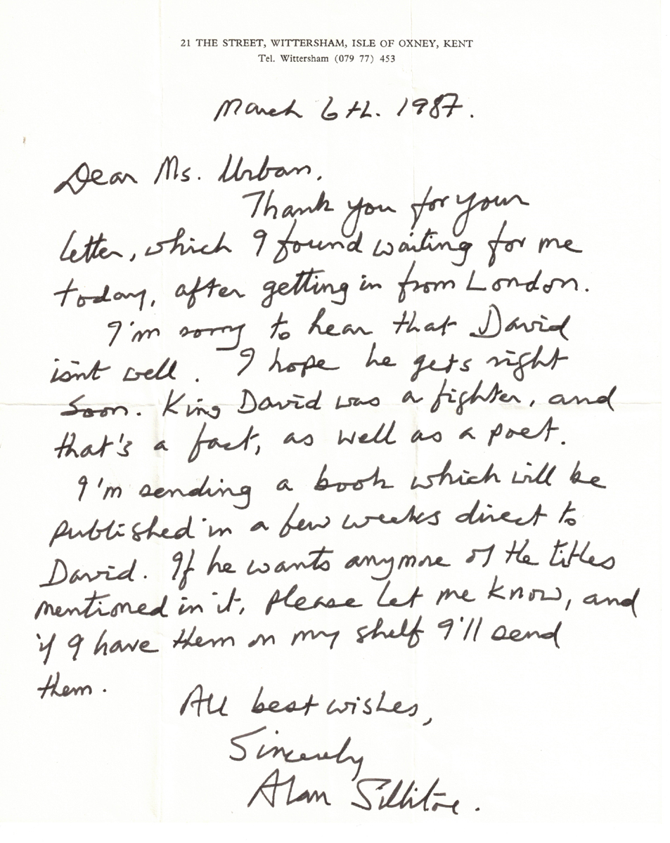 1987 Author Alan Sillitoe Autograph Letter Signed