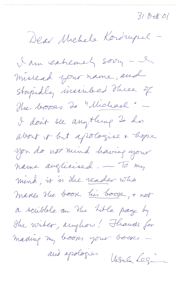 2001 Novelist Ursula Le Guin Writes: “Thanks for making my books your books”
