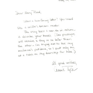 2001 Pulitzer-Prize Winning Author Anne Tyler Autograph Letter Signed