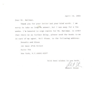 2001 American Author Robert Stone Typed Letter Signed