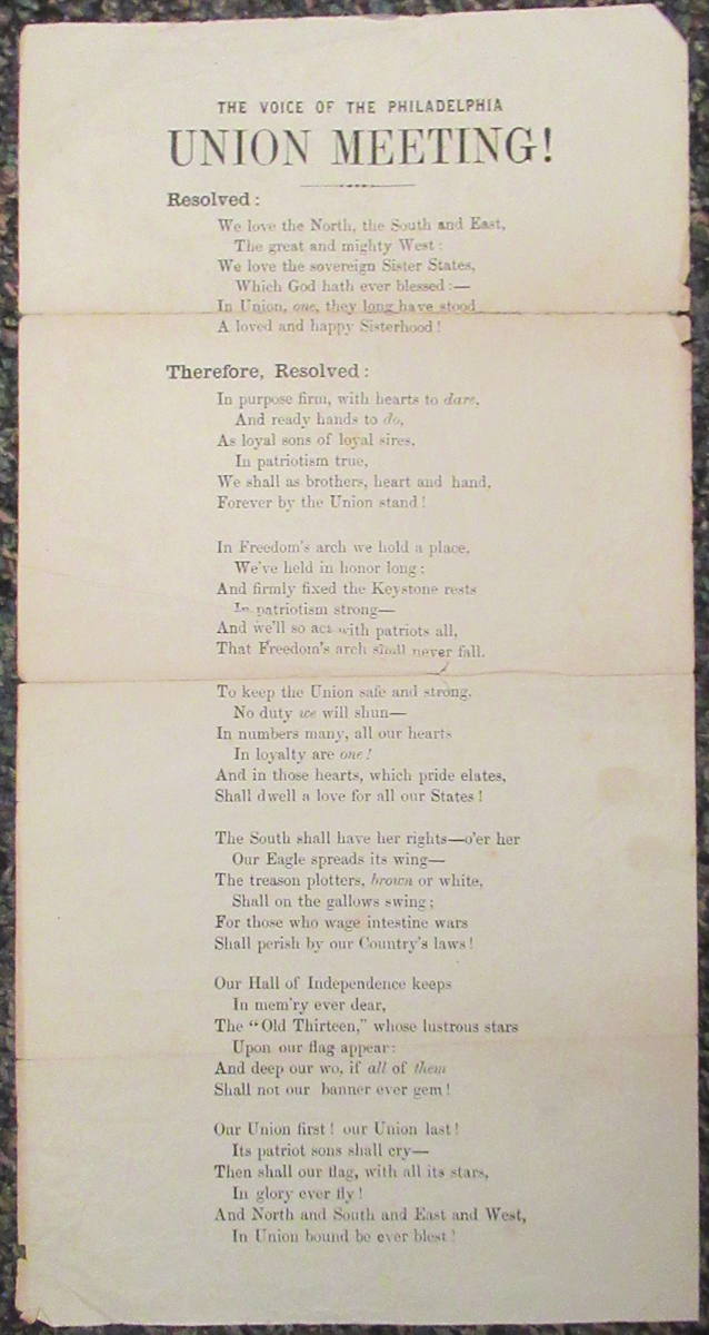 Early 1860's Civil War Union Broadside Poem