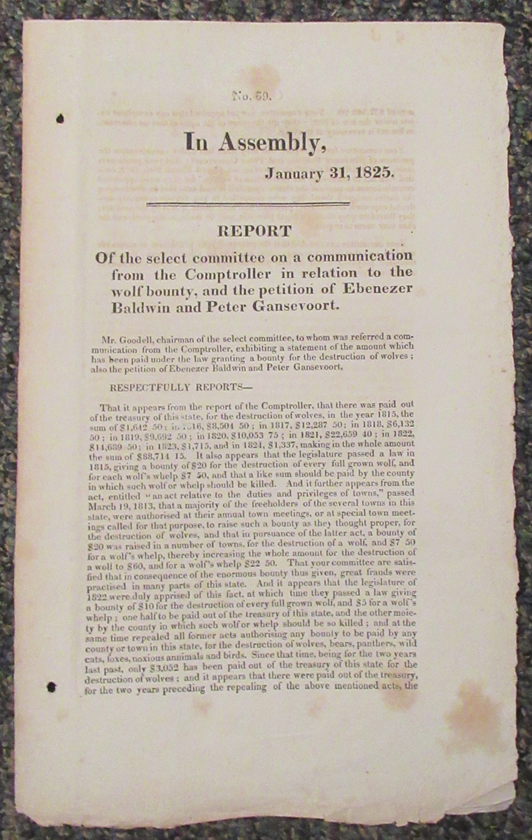 1825 NYS Assembly Document re: Wolf Bounty Payments