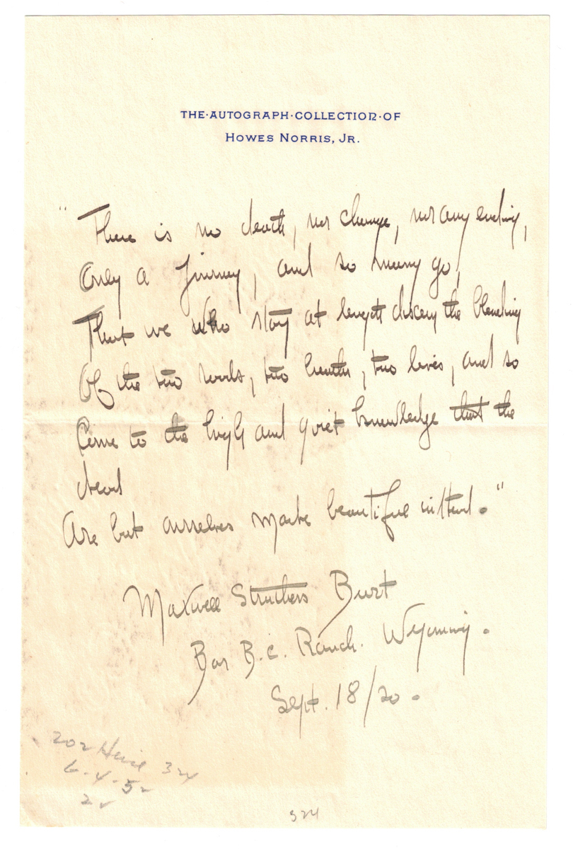 1920 “Dude Rancher” Maxwell Struthers Burt Manuscript Poem Signed, Re: Death