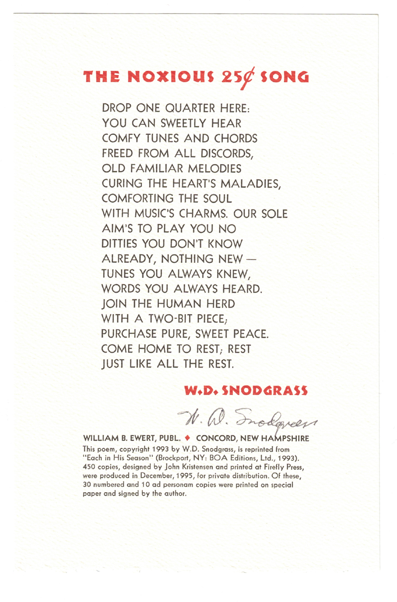 1995 W. D. Snodgrass Signed Poetry Broadside