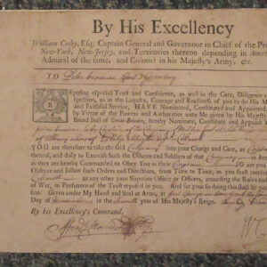 1733 Provincial Governor William Cosby Signed Military Appointment